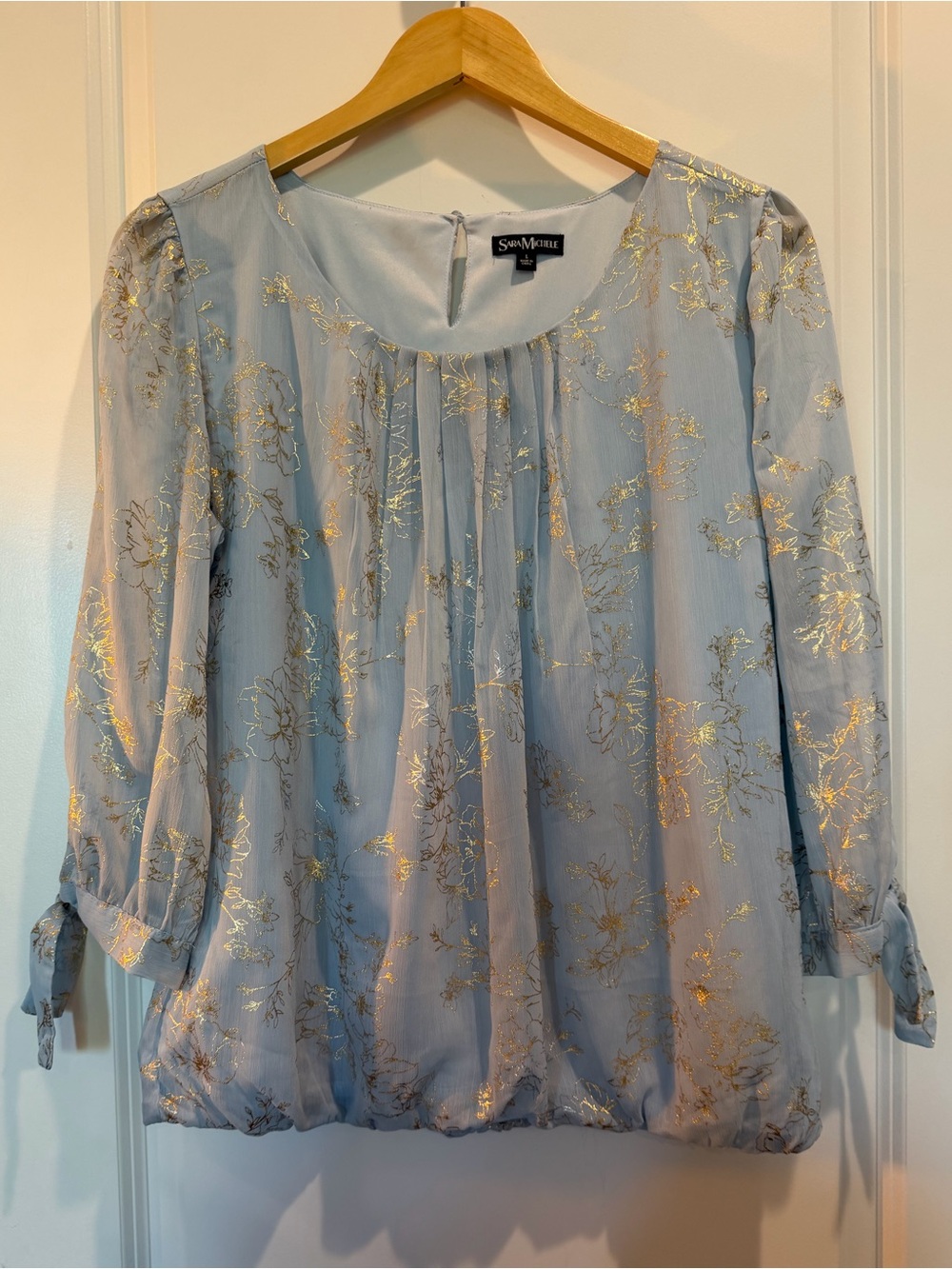 Sara Michelle Light Blue Gold Floral Metallic Blouse Women's Large